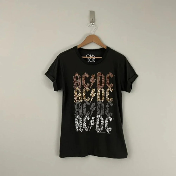 Chaser ACDC Leopard Print Graphic Rolled Cuff T-Shirt Vintage Black Size XS - Picture 1 of 5